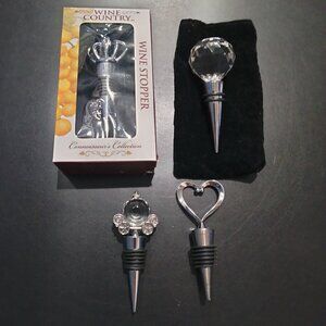 Ornate Wine Stoppers, Collection of 4, Crystal and Chrome Plated Metal